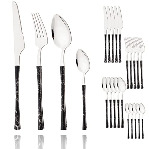 Snplowum 24 Piece (6 Set) Imitation marble Handle Cutlery, Stainless Steel Head Flatware Set For Home Wedding Dinner, Mirror & Modern Knife Fork Tea Spoon Utensils Set -- Black Silver