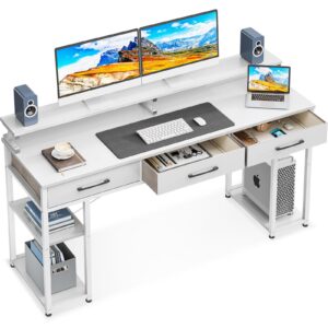 odk computer desk with drawers and storage shelves, 63 inch home office desk with monitor stand, modern work study writing table desk for small spaces, white + white leg