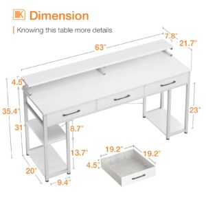 ODK Computer Desk with Drawers and Storage Shelves, 63 inch Home Office Desk with Monitor Stand, Modern Work Study Writing Table Desk for Small Spaces, White + White leg