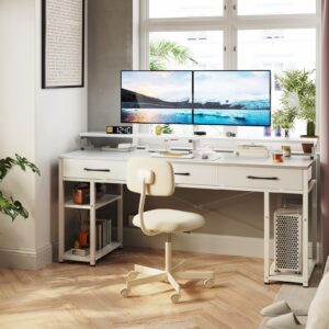 ODK Computer Desk with Drawers and Storage Shelves, 63 inch Home Office Desk with Monitor Stand, Modern Work Study Writing Table Desk for Small Spaces, White + White leg