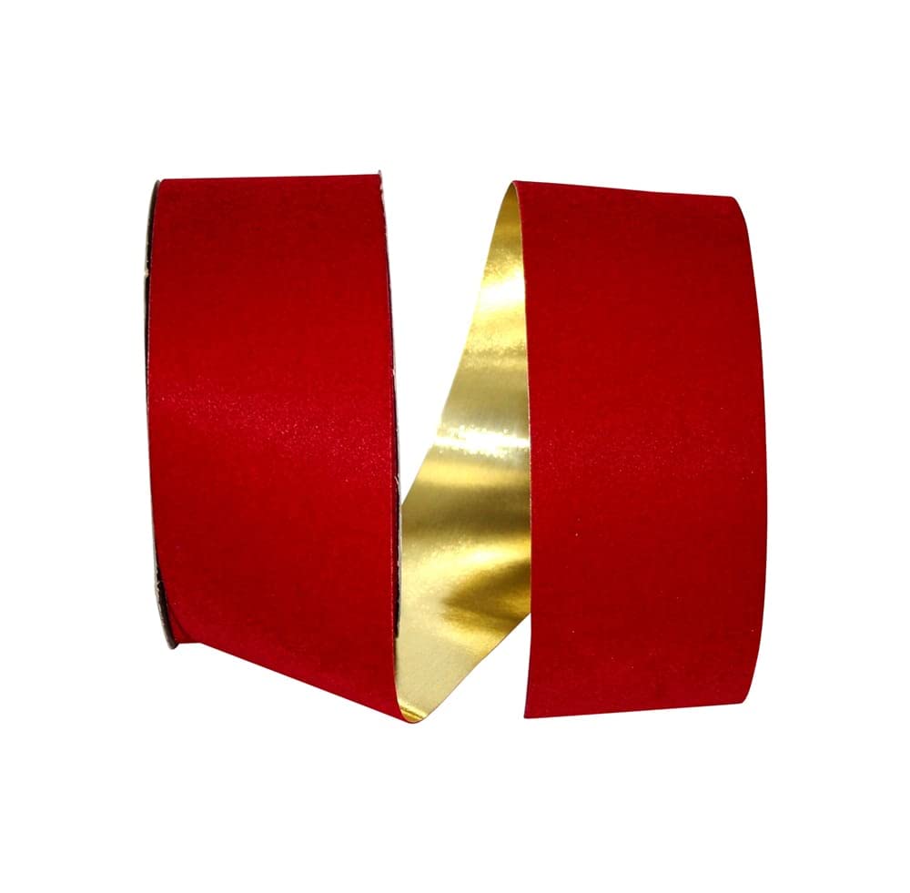 Premium Ribbon Dark or Brick Red Velvet Flocked Christmas Ribbon with Gold Backing 2 1/2" - 25 Yards