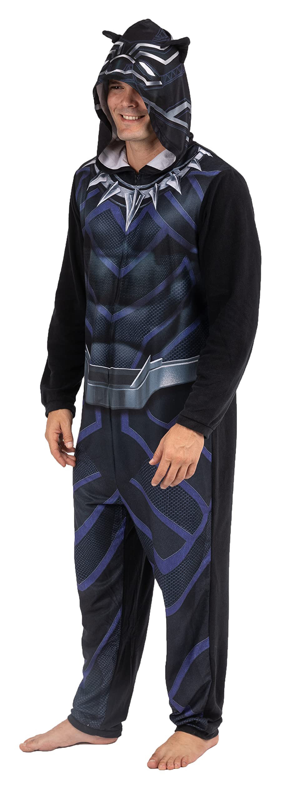 Marvel Men's Hooded One Piece Pajama, Black Panther Union Suit, S