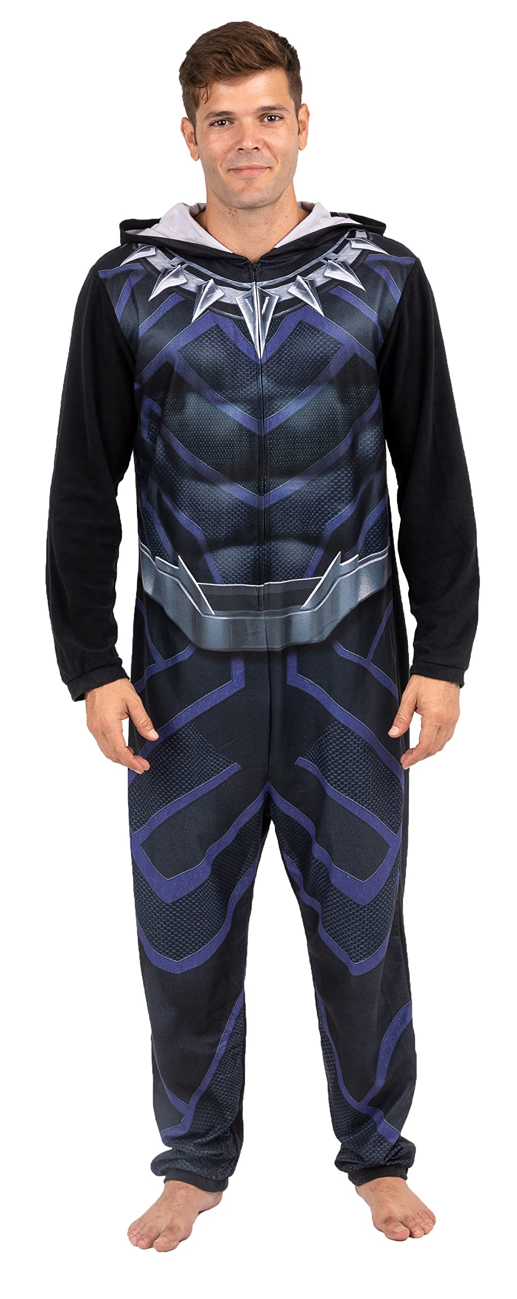 Marvel Men's Hooded One Piece Pajama, Black Panther Union Suit, S