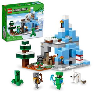 lego minecraft the frozen peaks 21243, cave mountain set with steve, creeper, goat figures & accessories, icy biome toy for kids age 8 plus years old