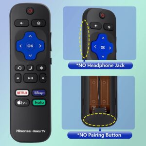 Amtone New Replacement Remote for Hisense ROKU Smart TVs with Netflix Disney Hulu VUDU Keys fits for 50H4 55H4 48H4 40H4 R6070 50R7E 32H4C 32H4D 32H4E (Netflix/Disney+/Apple TV+/hulu) (Renewed)