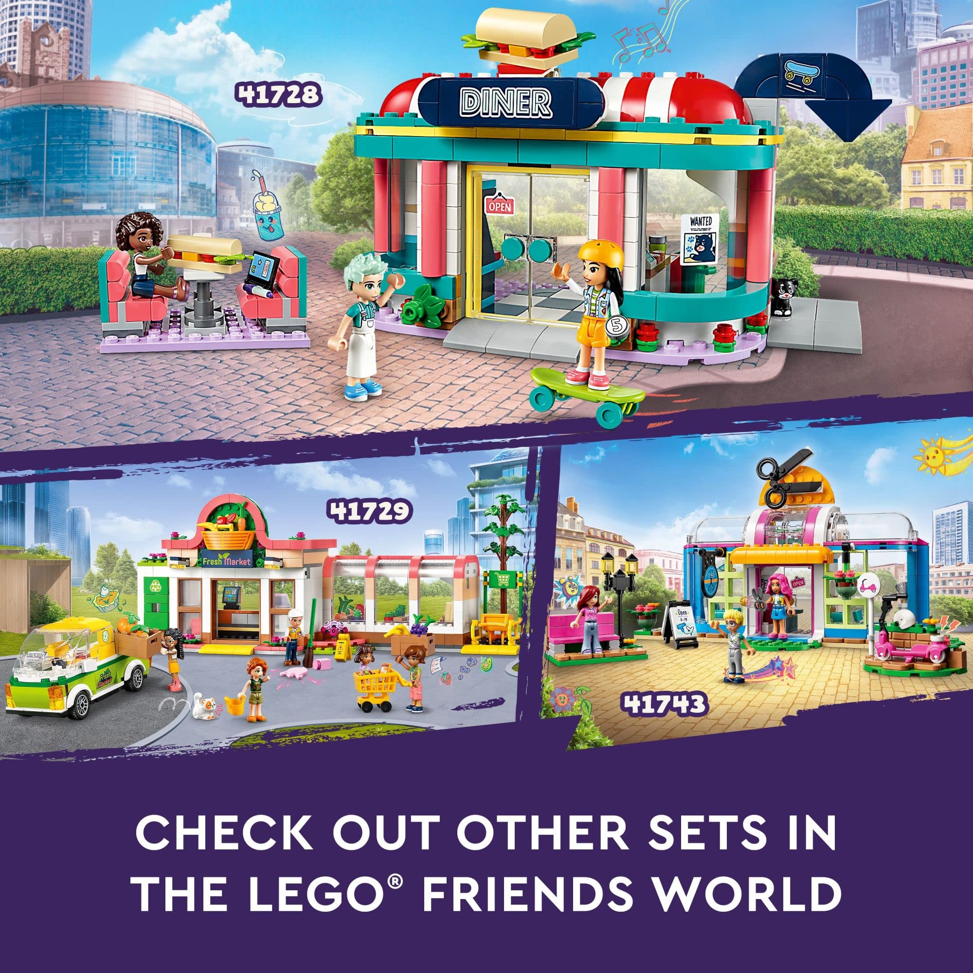 LEGO Friends Heartlake Downtown Diner Building Toy - Restaurant Pretend Playset with Food, includes Mini-Dolls Liann, Aliya, and Charli, Birthday Gift Toy Set for Boys and Girls Ages 6+, 41728