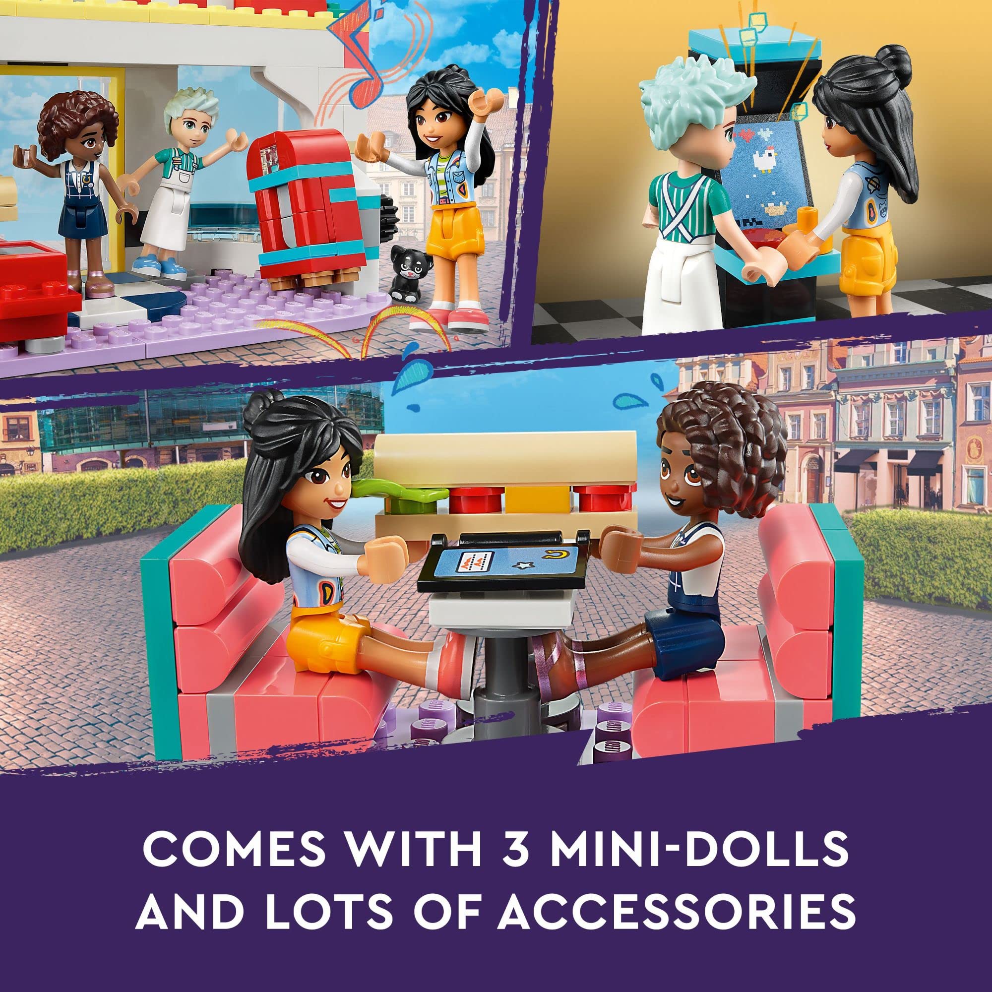 LEGO Friends Heartlake Downtown Diner Building Toy - Restaurant Pretend Playset with Food, includes Mini-Dolls Liann, Aliya, and Charli, Birthday Gift Toy Set for Boys and Girls Ages 6+, 41728