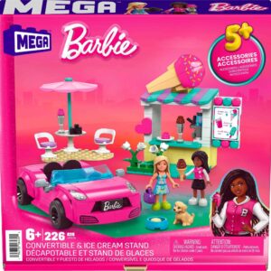 Mega Barbie Car Building Toys Playset, Convertible & Ice Cream Stand with 225 Pieces, 2 Micro-Dolls and Accessories, Pink,