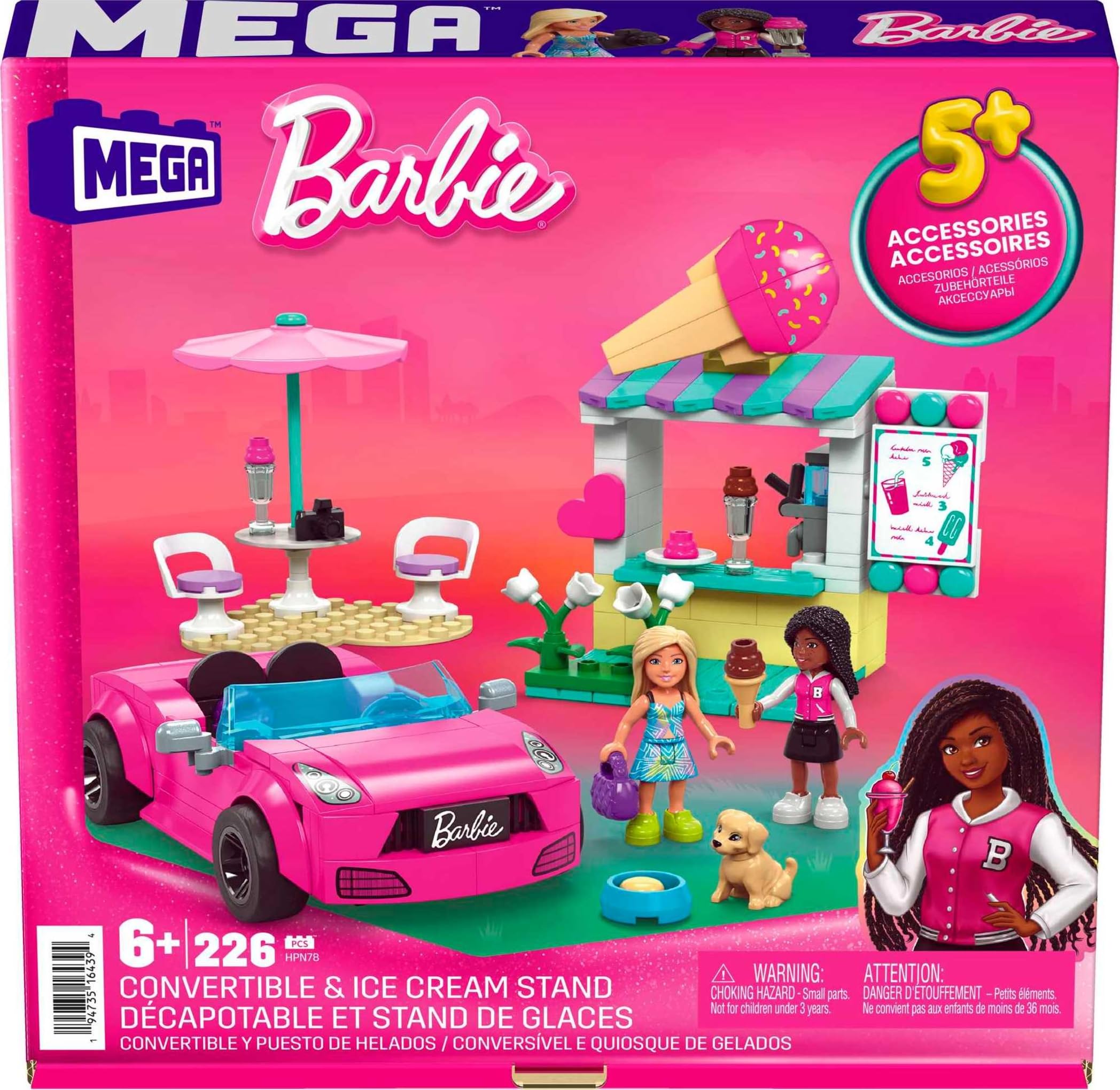 Mega Barbie Car Building Toys Playset, Convertible & Ice Cream Stand with 225 Pieces, 2 Micro-Dolls and Accessories, Pink,