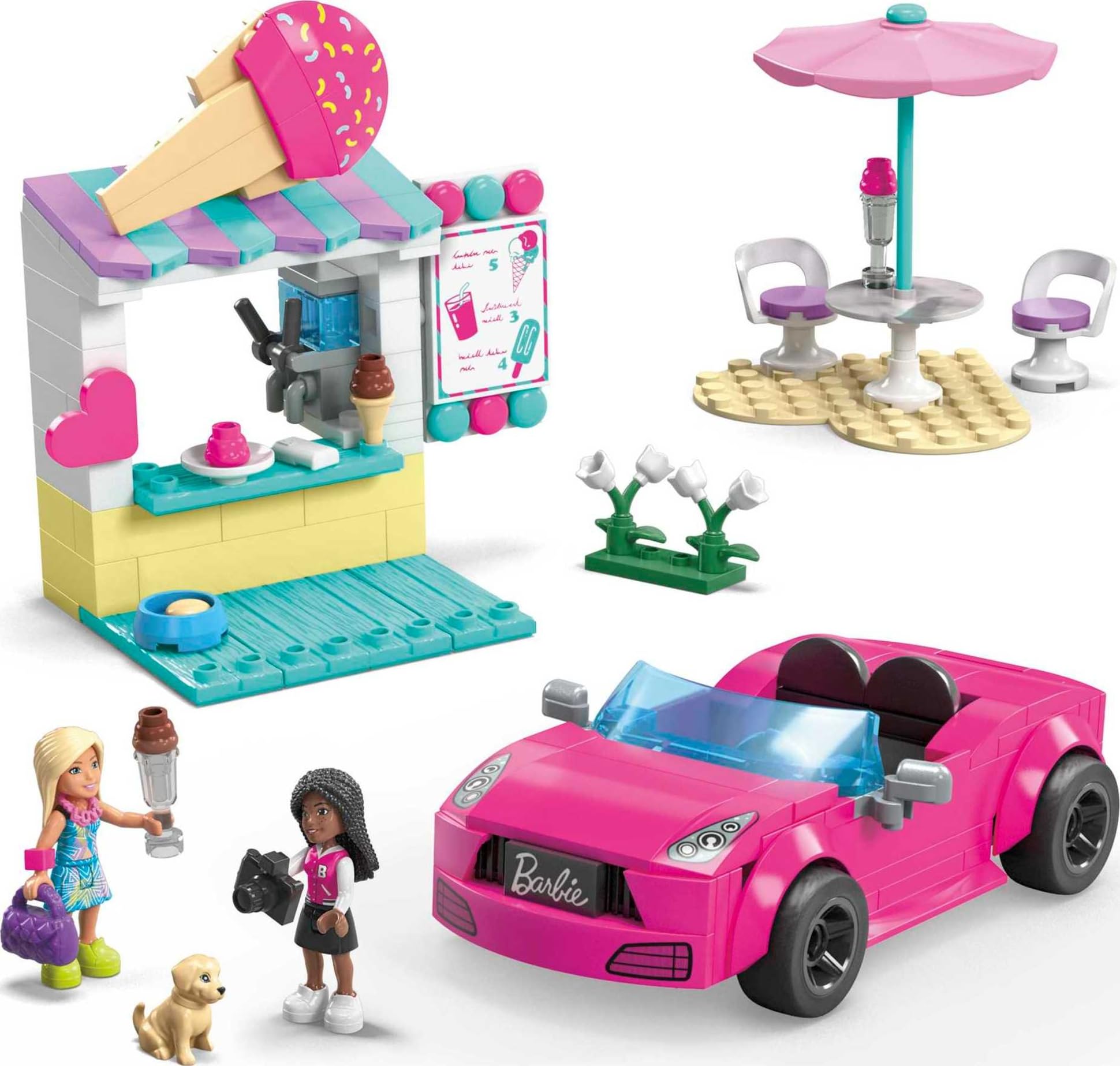 Mega Barbie Car Building Toys Playset, Convertible & Ice Cream Stand with 225 Pieces, 2 Micro-Dolls and Accessories, Pink,