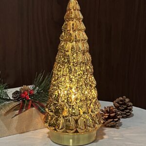 SHMILMH Gold Mercury Glass Christmas Tree 1pcs, Tabletop Christmas Tree with Light, Battery Operated Small Xmas Tree for Fireplace Centerpiece Decorations 10"