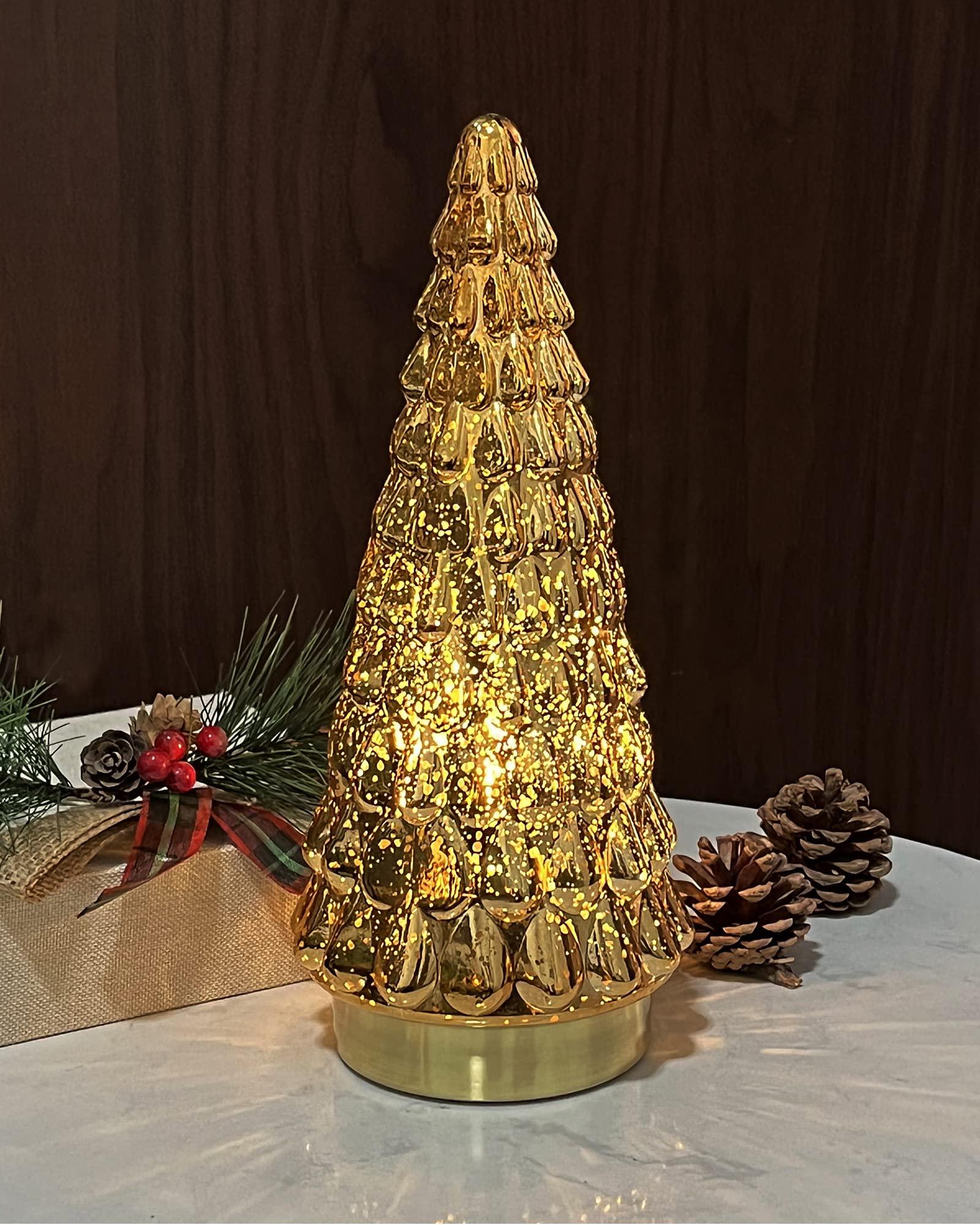 SHMILMH Gold Mercury Glass Christmas Tree 1pcs, Tabletop Christmas Tree with Light, Battery Operated Small Xmas Tree for Fireplace Centerpiece Decorations 10"