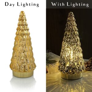 SHMILMH Gold Mercury Glass Christmas Tree 1pcs, Tabletop Christmas Tree with Light, Battery Operated Small Xmas Tree for Fireplace Centerpiece Decorations 10"