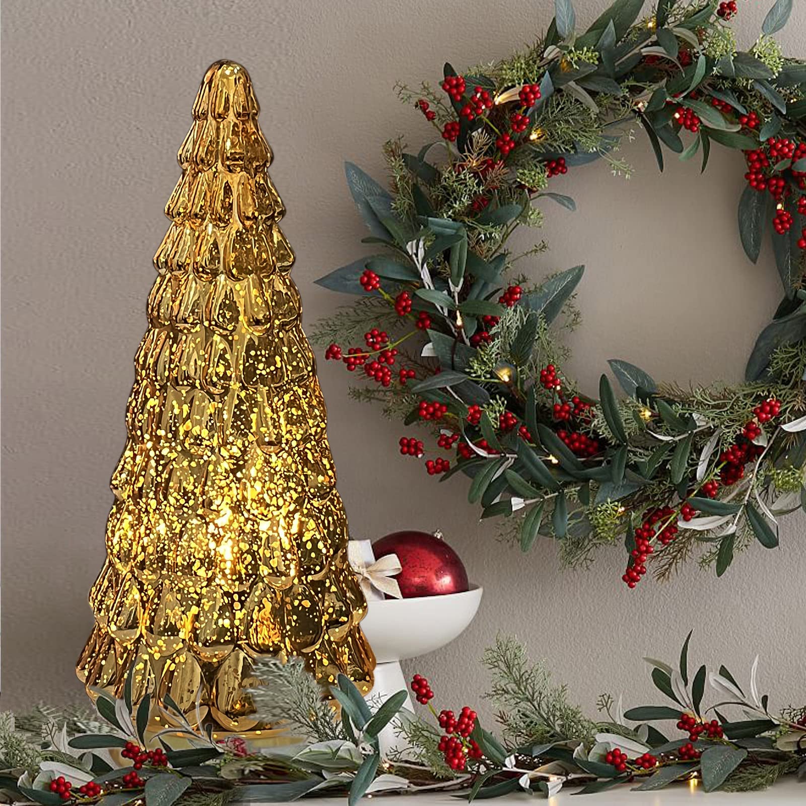 SHMILMH Gold Mercury Glass Christmas Tree 1pcs, Tabletop Christmas Tree with Light, Battery Operated Small Xmas Tree for Fireplace Centerpiece Decorations 10"