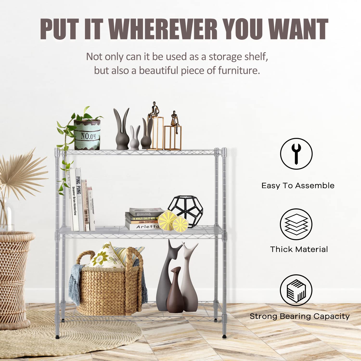 NChanmar 3-Tier Wire Shelving Unit Storage Shelves Shelf Organizer 30"x23"x12" Heavy Duty Metal Storage Rack Wire Rack NSF Height Adjustable for Laundry Bathroom Kitchen Garage Shelving(Chrome)