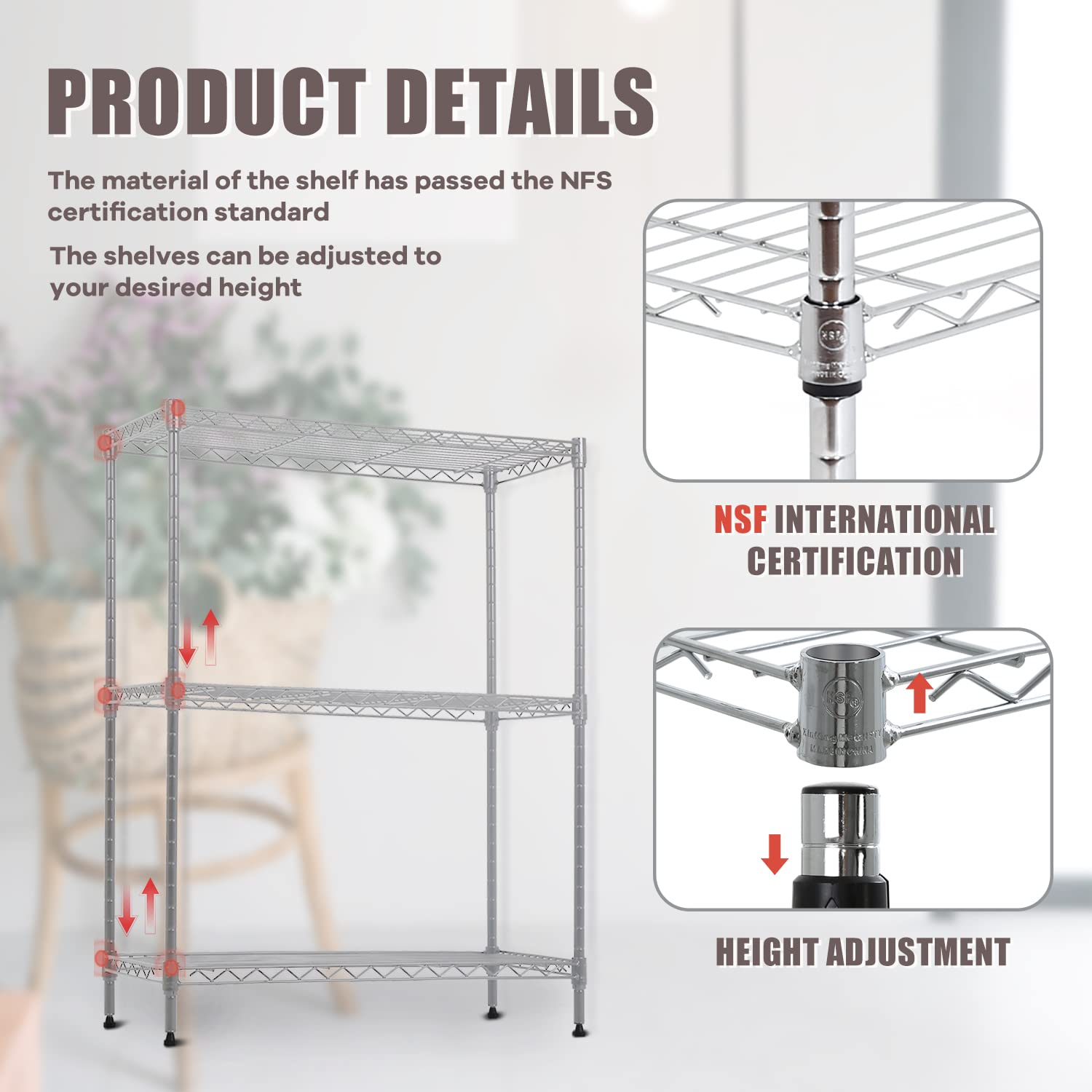 NChanmar 3-Tier Wire Shelving Unit Storage Shelves Shelf Organizer 30"x23"x12" Heavy Duty Metal Storage Rack Wire Rack NSF Height Adjustable for Laundry Bathroom Kitchen Garage Shelving(Chrome)