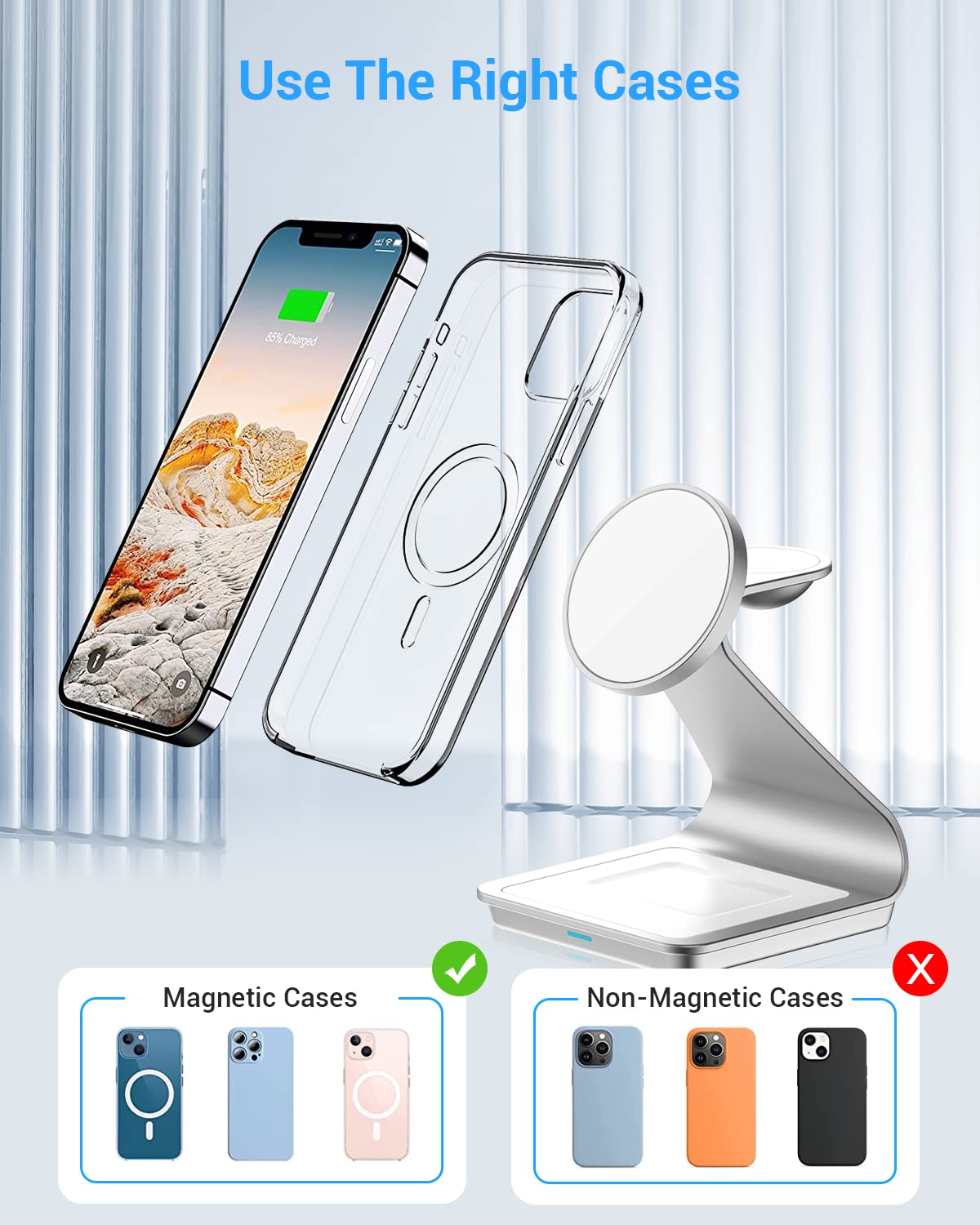 3 in 1 Wireless Charger for MagSafe, Aluminum Alloy Wireless Charging Station, Compatible with iPhone 14/13/12, Apple Watch, AirPods Pro/3/2 (Cable and Wall Charger Included) Silver