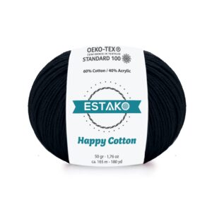 Estako Happy Cotton, 60% Cotton 40% Acrylic Yarn, Soft, Fine/Sport (2) for Crochet and Knitting 1.76 Oz (50g) / 180 Yrds (165m) (4810 - Black)