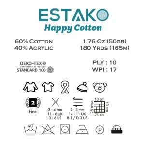 Estako Happy Cotton, 60% Cotton 40% Acrylic Yarn, Soft, Fine/Sport (2) for Crochet and Knitting 1.76 Oz (50g) / 180 Yrds (165m) (4810 - Black)