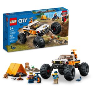 lego city 4x4 off-roader adventures 60387 building toy - camping set including monster truck style car with working suspension and mountain bikes, 2 minifigures, vehicle toy for kids ages 6+