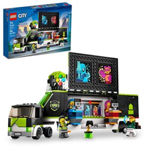 lego city gaming tournament truck 60388, gamer gifts for girls, boys, and kids, esports vehicle toy set for video game fans, featuring 3 minifigures, toy computers and stadium screens, ages 7+