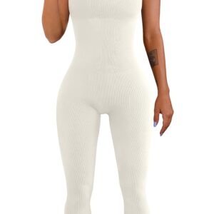 OQQ Women's Yoga Ribbed One Piece Tank Tops Rompers Sleeveless Exercise Jumpsuits Beige