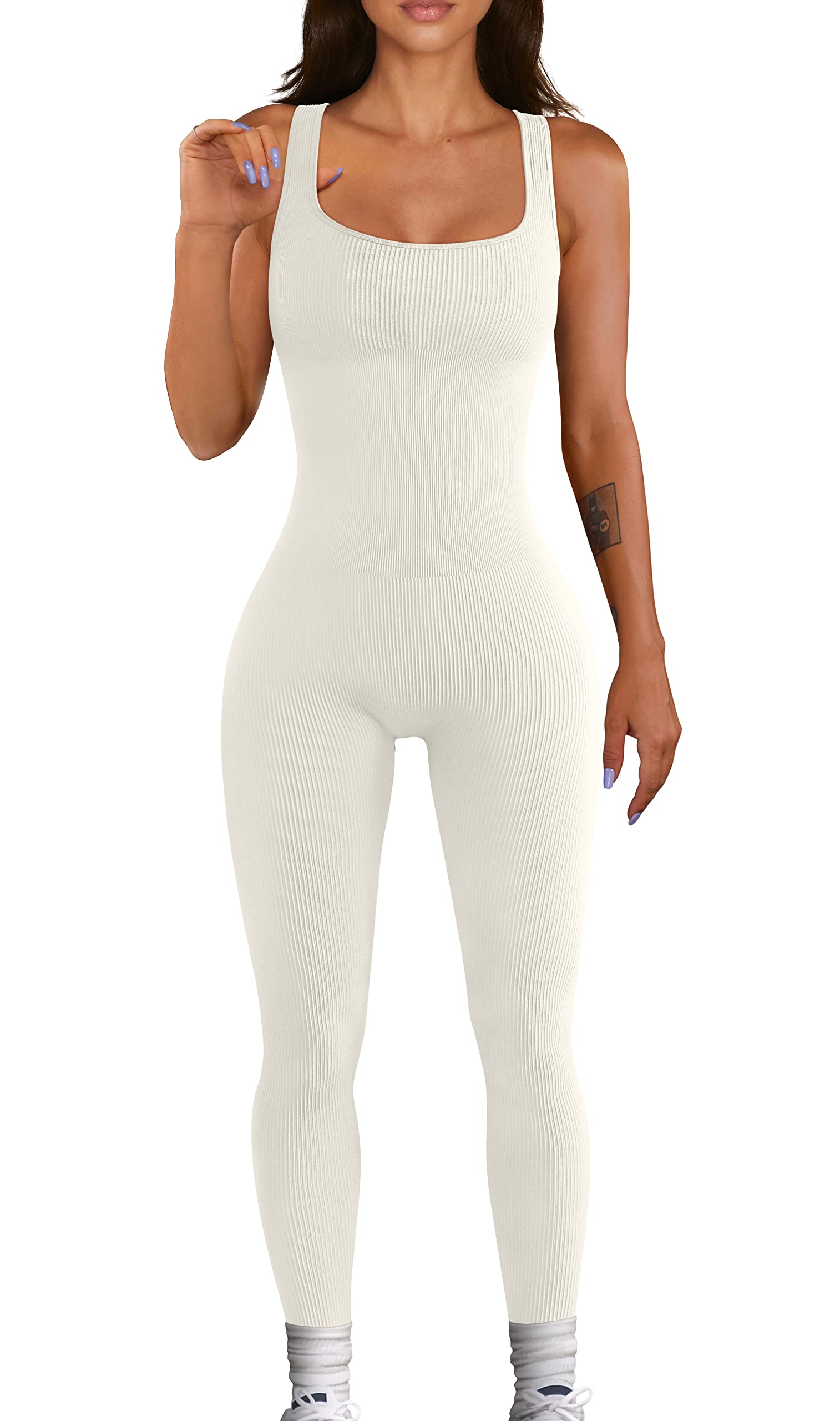 OQQ Women's Yoga Ribbed One Piece Tank Tops Rompers Sleeveless Exercise Jumpsuits Beige