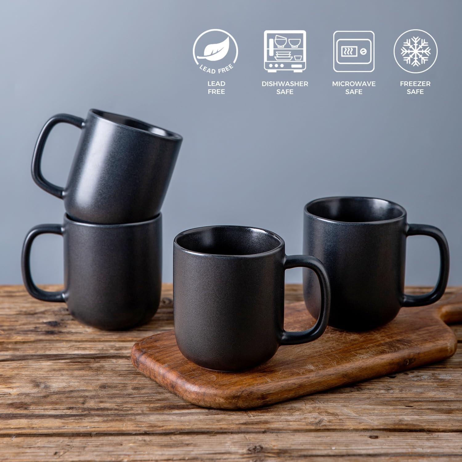 AmorArc 14oz Coffee Mugs Set of 6, Ceramic Coffee Mugs with Large Handle & Wavy Rim for Latte/Hot Cocoa/Tea, Stylish Coffee Mugs for Men Women. Oven,Dishwasher&Microwave Safe, Matte Black