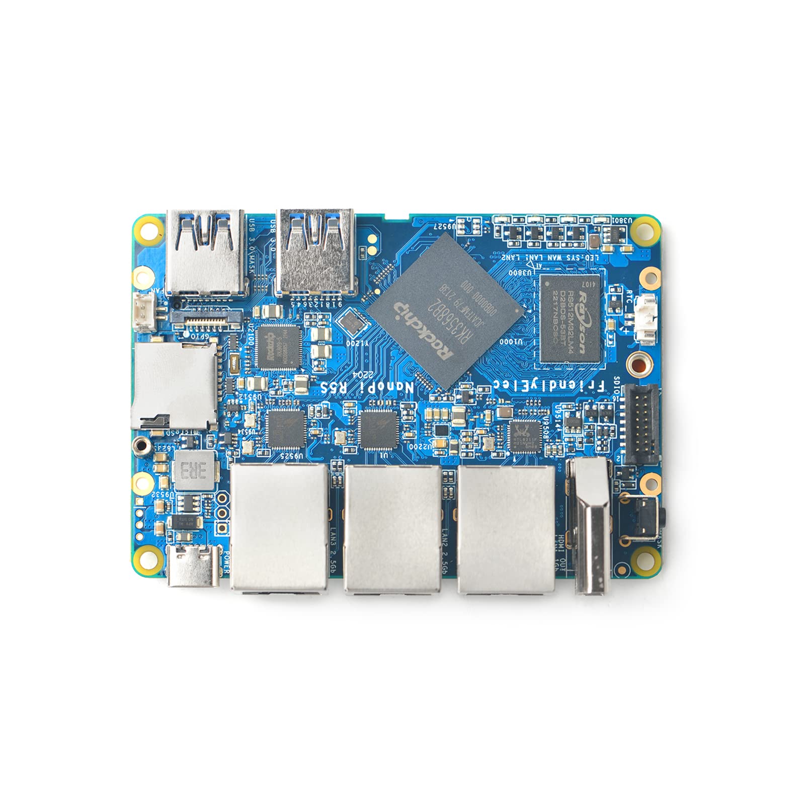 Nanopi R5S Mini Router Cortex-A55 2.0GHz OpenWRT Single Board Computer with Three Gbps Ethernet Ports LPDDR4X 4GB RAM Based on Rockchip RK3568 for IOT NAS Smart Home Gateway Support Android Debian