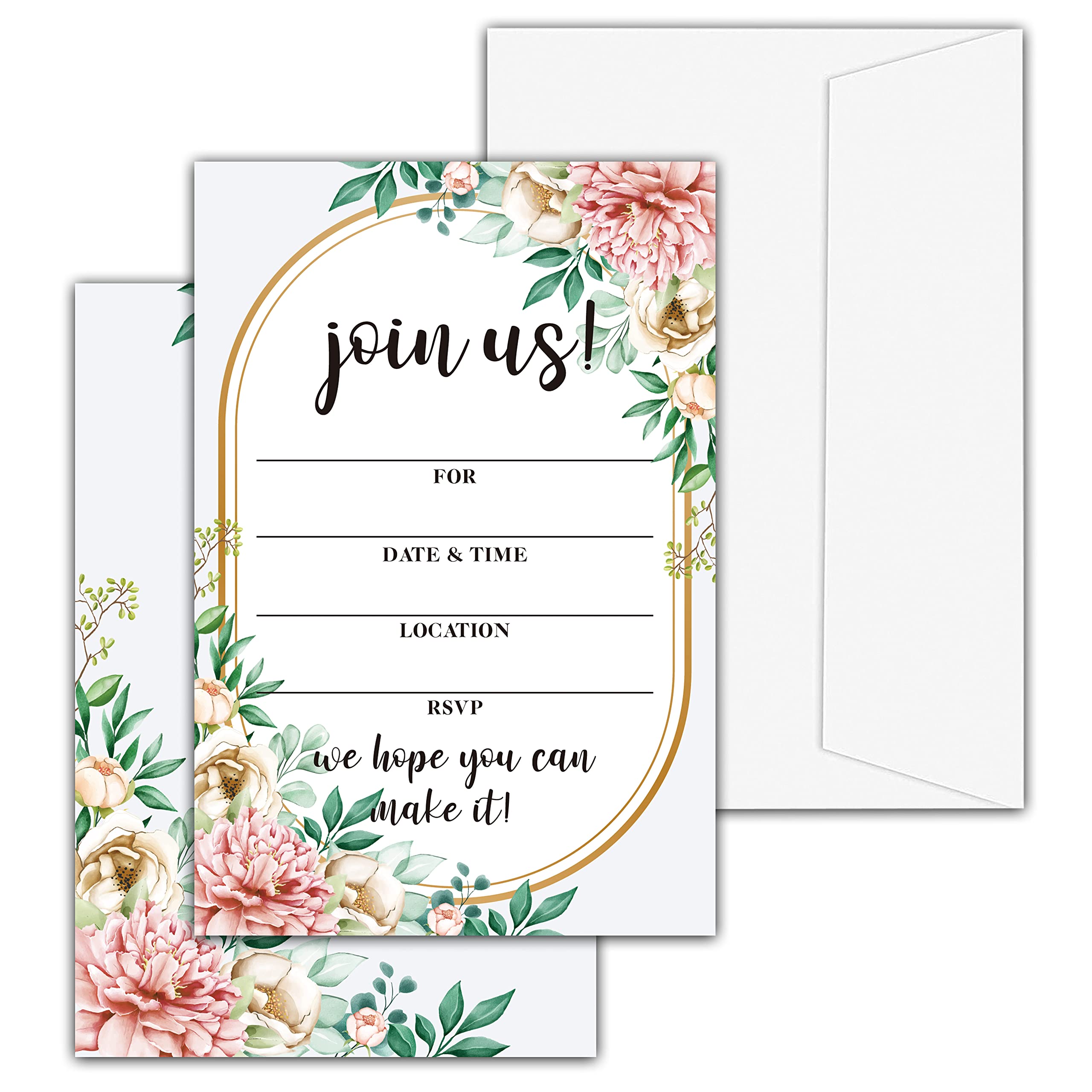 Boho Floral Greenery Invitations with Envelopes for All Occasions, 25 Pcs Blush Pink Gold Foil Blank Fill-in Invites for Bridal Shower, Wedding Reception, Engagement Party(05)