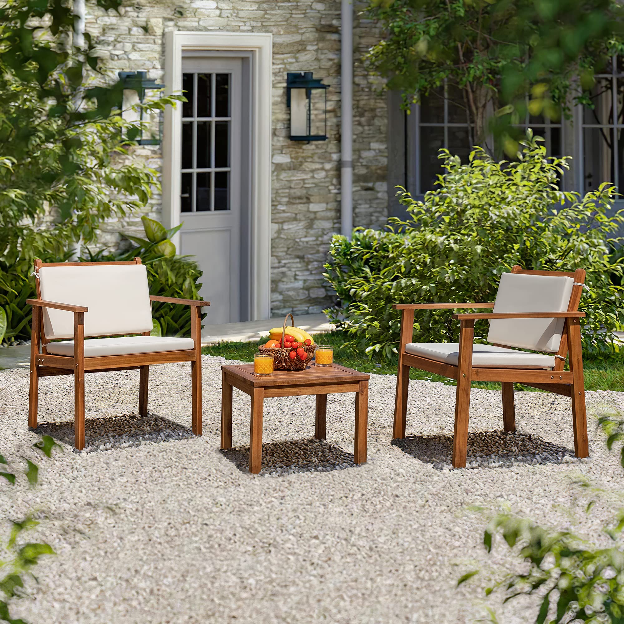 Devoko Patio Set 3 Piece Acacia Wood Outdoor Furniture Conversation Seat with Table & Cushions Porch Chairs for Balcony, Deck, Backyard, Beige