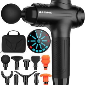 RAEMAO Massage Gun Deep Tissue, Back Massage Gun for Athletes for Pain Relief Attaching 10 PCS Specialized Replacement Heads, Percussion Massager with 10 Speeds & LED Screen, Black