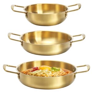 okllen set of 3 korean ramen noodle pot with handles, stainless steel everyday pan, golden korean cooking pot for soup, noodle, pasta, home and outdoor, dishwasher safe, size 7", 8.7", 9.5"