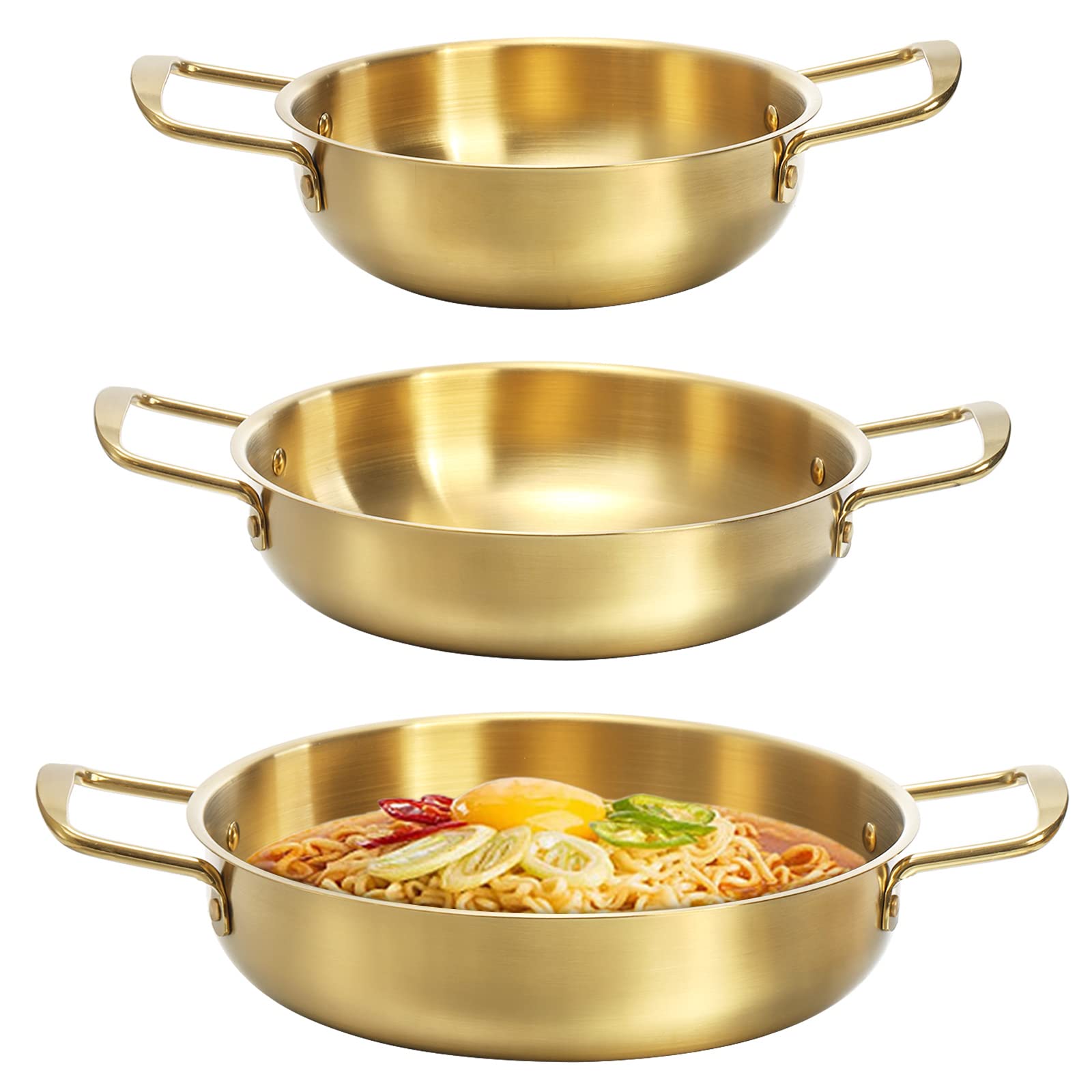 Okllen Set of 3 Korean Ramen Noodle Pot with Handles, Stainless Steel Everyday Pan, Golden Korean Cooking Pot for Soup, Noodle, Pasta, Home and Outdoor, Dishwasher Safe, Size 7", 8.7", 9.5"