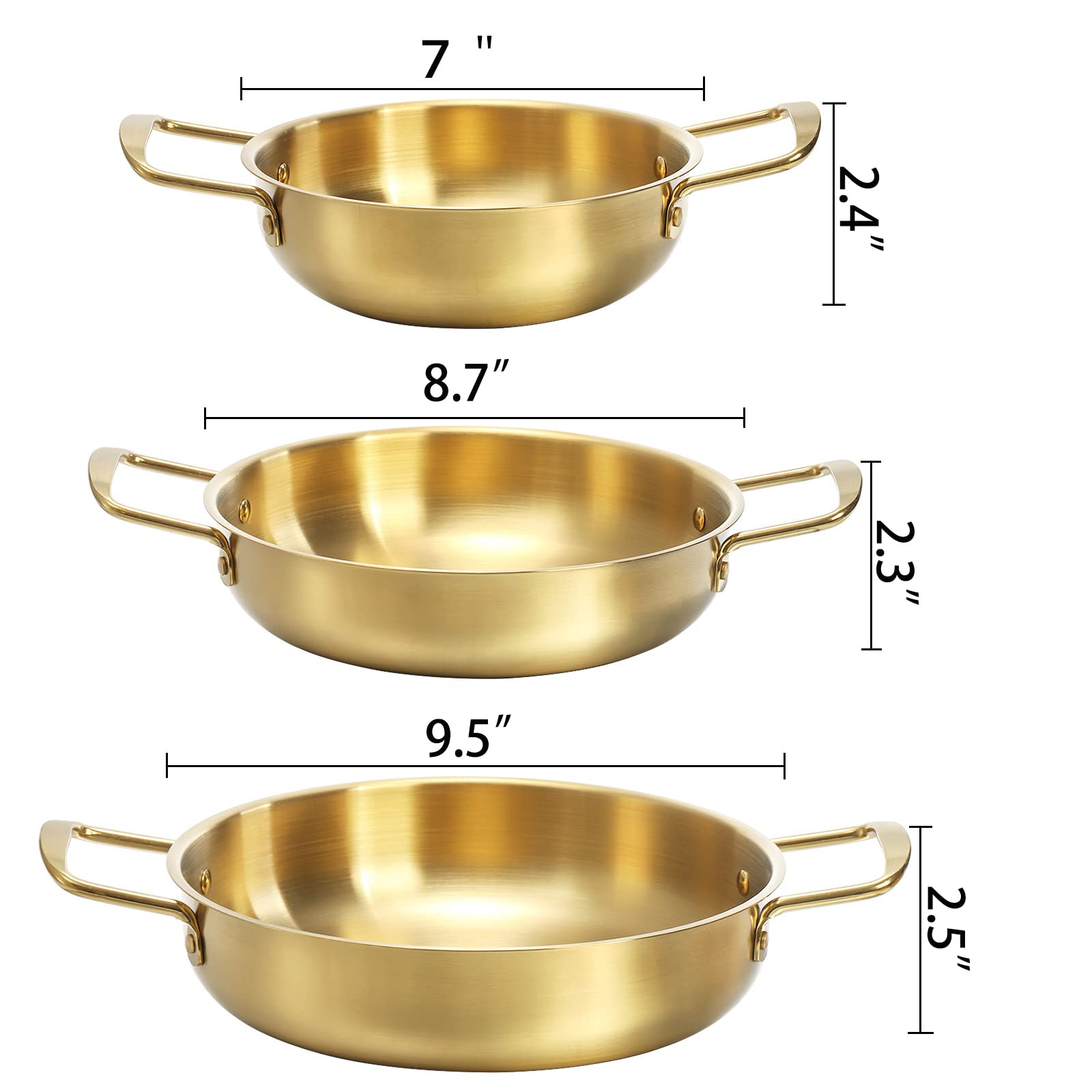 Okllen Set of 3 Korean Ramen Noodle Pot with Handles, Stainless Steel Everyday Pan, Golden Korean Cooking Pot for Soup, Noodle, Pasta, Home and Outdoor, Dishwasher Safe, Size 7", 8.7", 9.5"