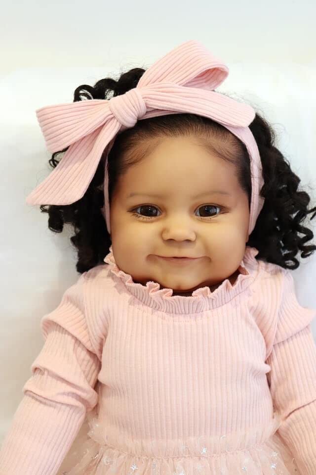 Anano Biracial Reborn Babies That Looks Real Girl Black with Real Hair with A Dress On 24 Inch African American Reborn Doll Brown Skin Silicone Baby Chubby Body Mixed Reborn Dolls