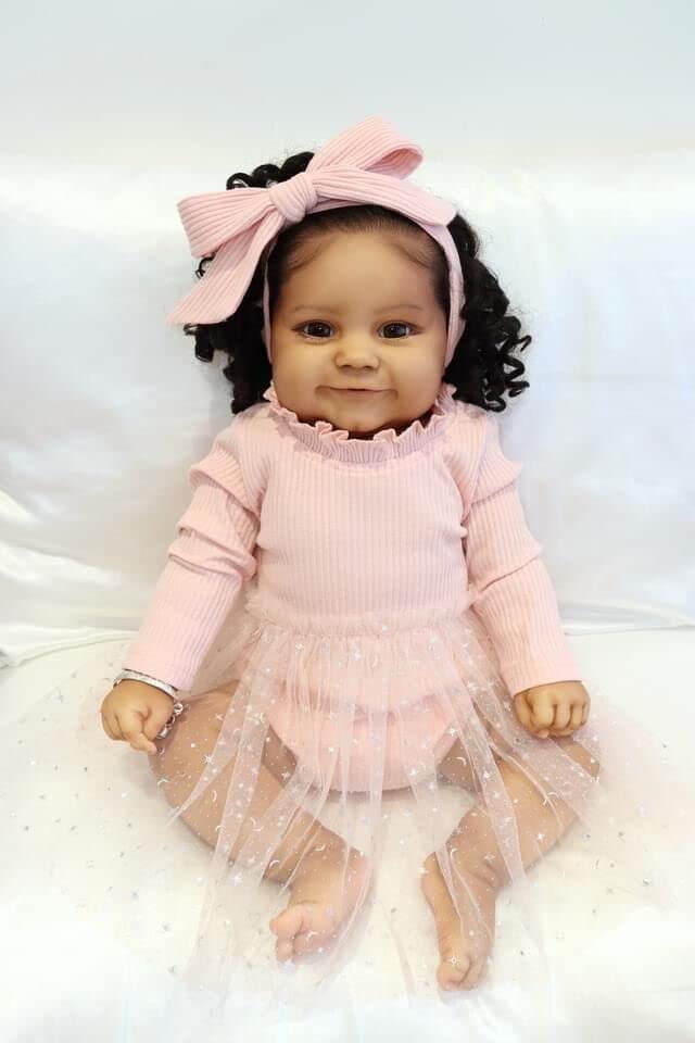 Anano Biracial Reborn Babies That Looks Real Girl Black with Real Hair with A Dress On 24 Inch African American Reborn Doll Brown Skin Silicone Baby Chubby Body Mixed Reborn Dolls