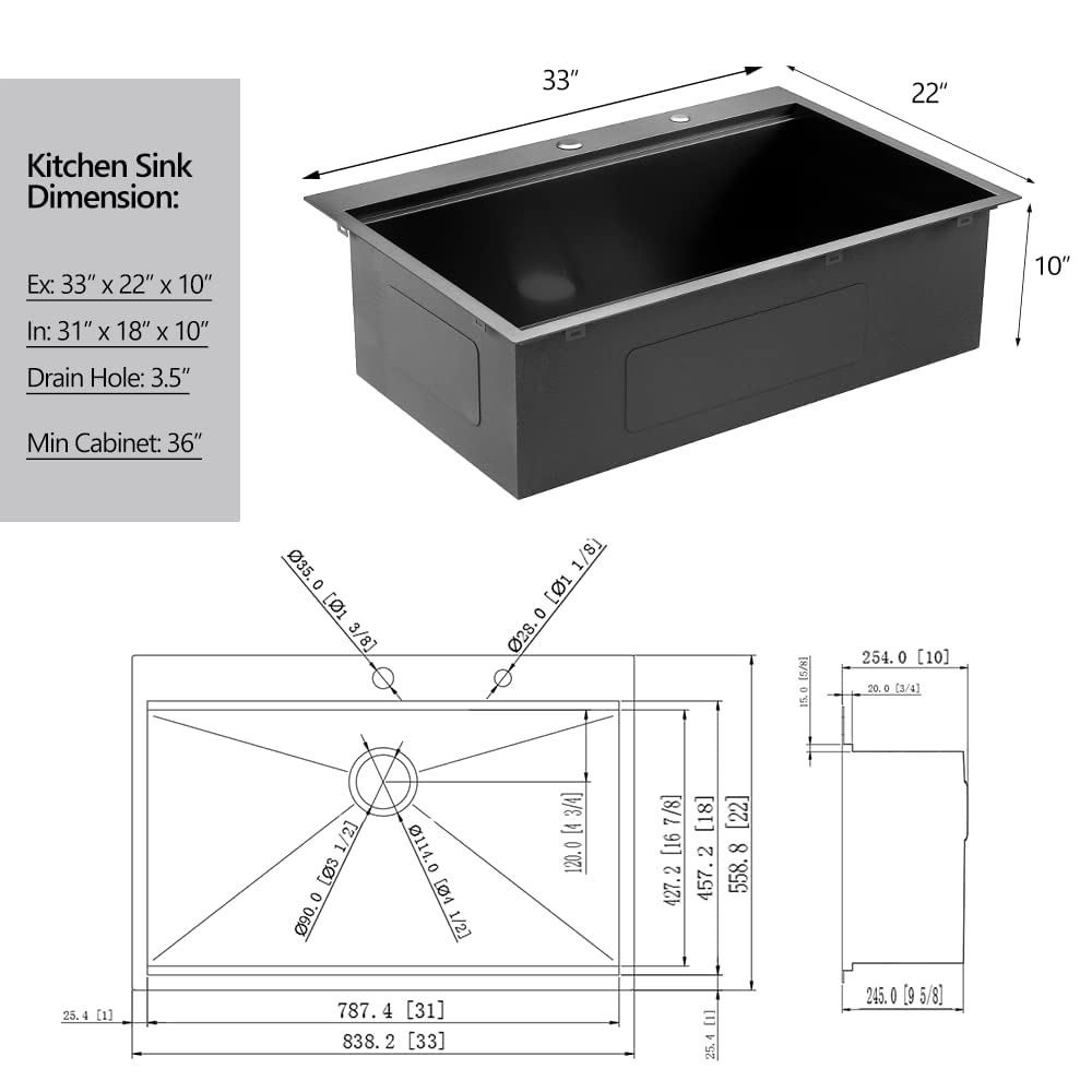 33 Black Drop In Workstation Kitchen Sink, Dorzom 33x22x10 Black Stainless Steel Topmount 16 Gauge Deep Single Bowl Workstation Kitchen Sink with Accessories