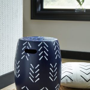 Signature Design by Ashley Genemore Contemporary Geometric Indoor & Outdoor Accent Stool, Blue & White