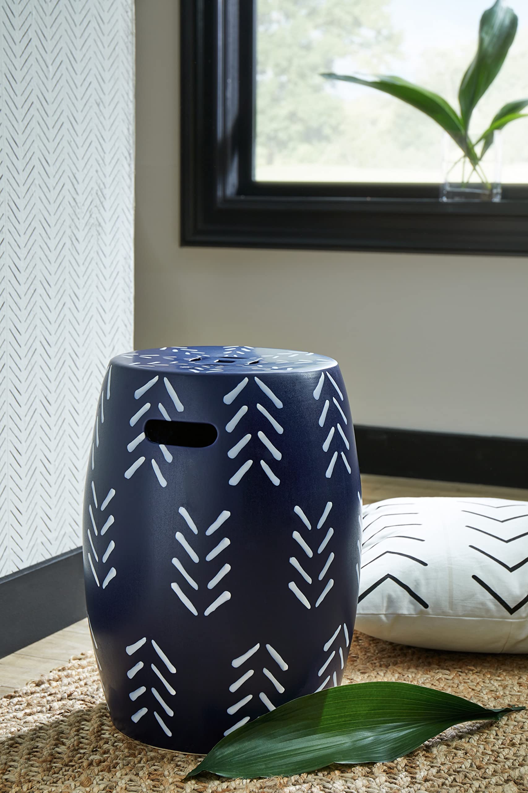 Signature Design by Ashley Genemore Contemporary Geometric Indoor & Outdoor Accent Stool, Blue & White