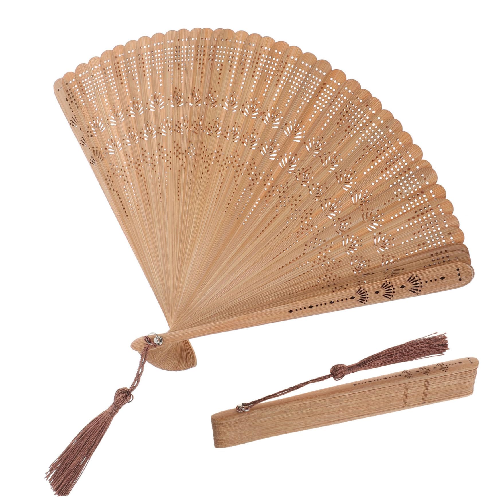 SEWACC Silk Folding Fan Hand Held Wood Hand Fan Chinese Japanese Vintage Handheld Fan with Tassels Foldable Fan for Women Ladies Home Decoration (Brown)