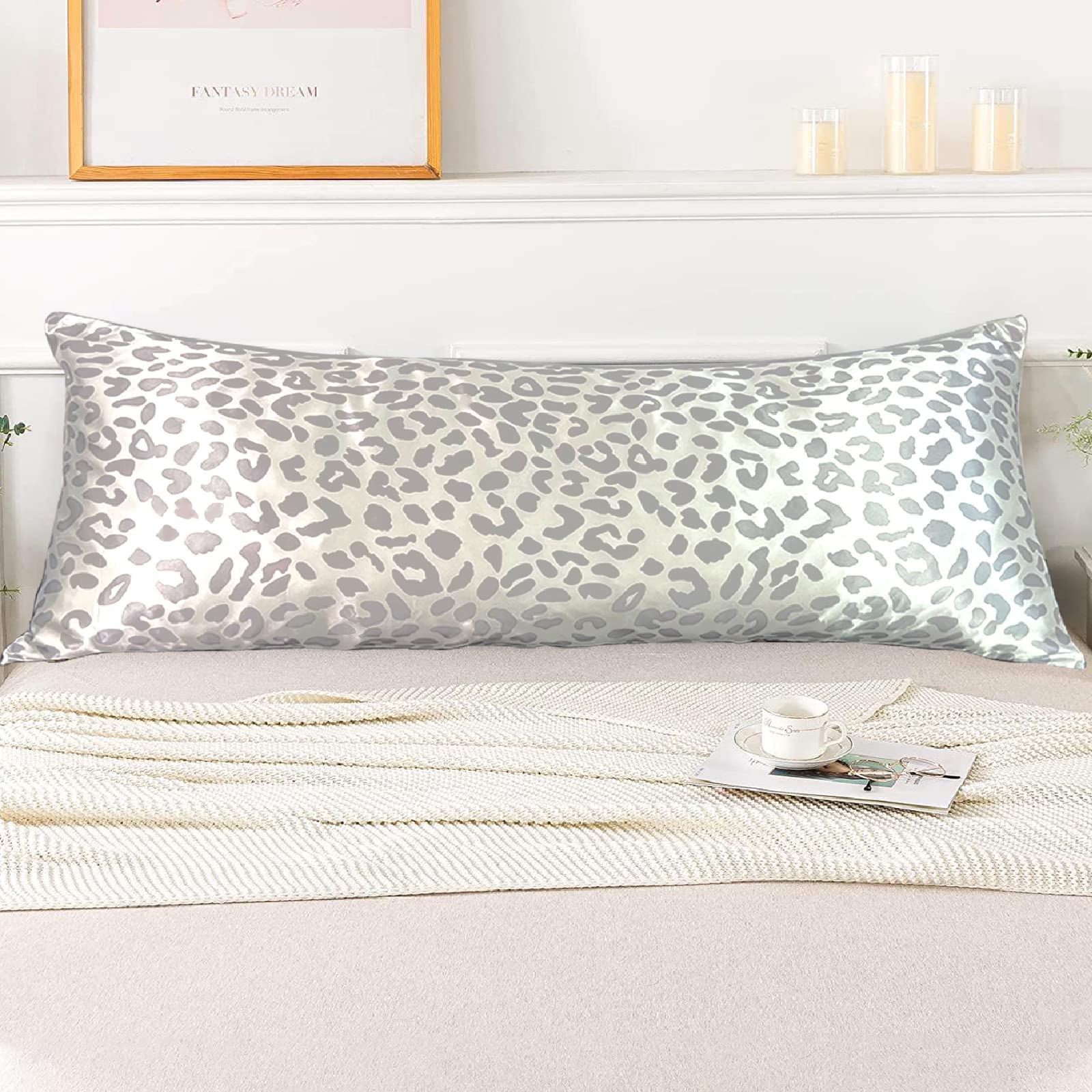 LCBD Satin Body Pillow Case for Hair and Skin, Grey Leopard Printed Silk Satin Body Pillow Case Cover, 20x54 Body Cooling Pillow Cover with Envelope Closure