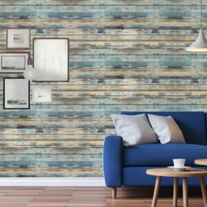 Dimcol Wood Contact Paper - 15.7"x236" Self-Adhesive and Removable Wood Wallpaper Peel and Stick - Blue Distressed Wood Grain Contact Paper for Cabinets - Waterproof Stick on Wall Paper