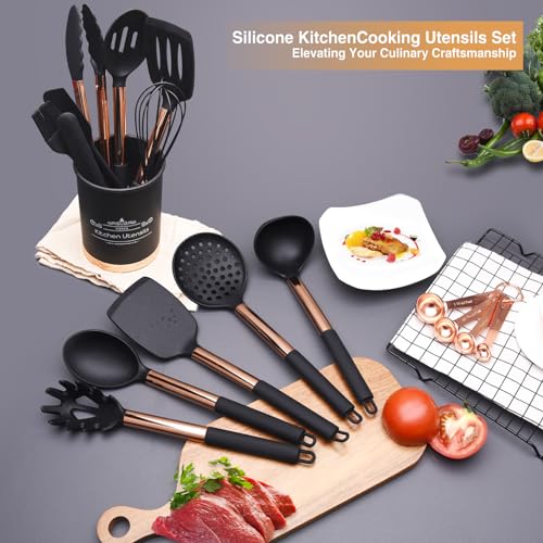 BBN Silicone Cooking Utensils Set, 17Pcs Silicone Kitchen Utensils Set, Non-Stick Silicone Utensils for Cooking, Heat Resistant Cooking Utensil Sets, Rose Gold Kitchen Accessories