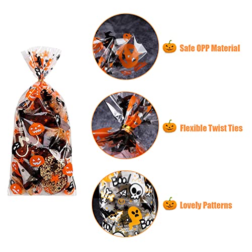 VARACL 100 Pieces Halloween Cellophane Bags, Halloween Clear Plastic Treat Bags Candy Cookies Goody Bags with Twist Ties for Halloween Party Favor Supplies