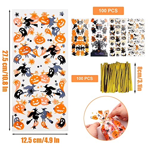 VARACL 100 Pieces Halloween Cellophane Bags, Halloween Clear Plastic Treat Bags Candy Cookies Goody Bags with Twist Ties for Halloween Party Favor Supplies