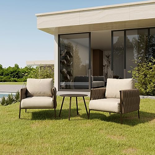 EAST OAK 3 Pieces Patio Furniture Set, Armchairs with Coffee Table, Outdoor Furniture with Thick Cushion, Modern Furniture Deep Seating for Garden Porch, Chestnut Brown & Creamy Apricot