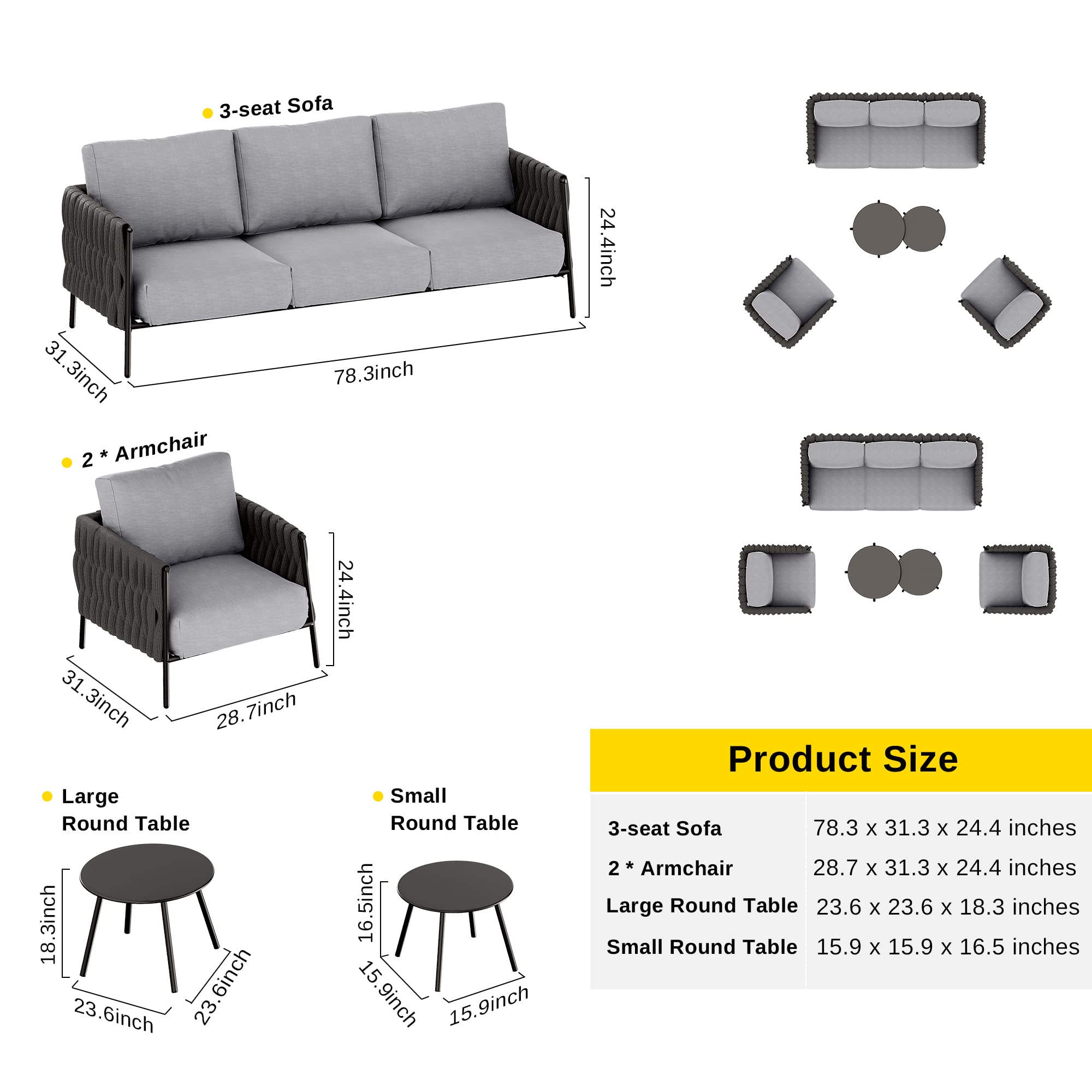 EAST OAK Life Chatter Patio Furniture Set 5 Pieces, Outdoor Furniture 5-Seat Sofa with Two Round Coffee Table, Waterproof Thick Cushion Deep Seating for Porch, Balcony, Earth Black & Misty Grey