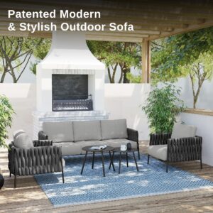 EAST OAK Life Chatter Patio Furniture Set 5 Pieces, Outdoor Furniture 5-Seat Sofa with Two Round Coffee Table, Waterproof Thick Cushion Deep Seating for Porch, Balcony, Earth Black & Misty Grey