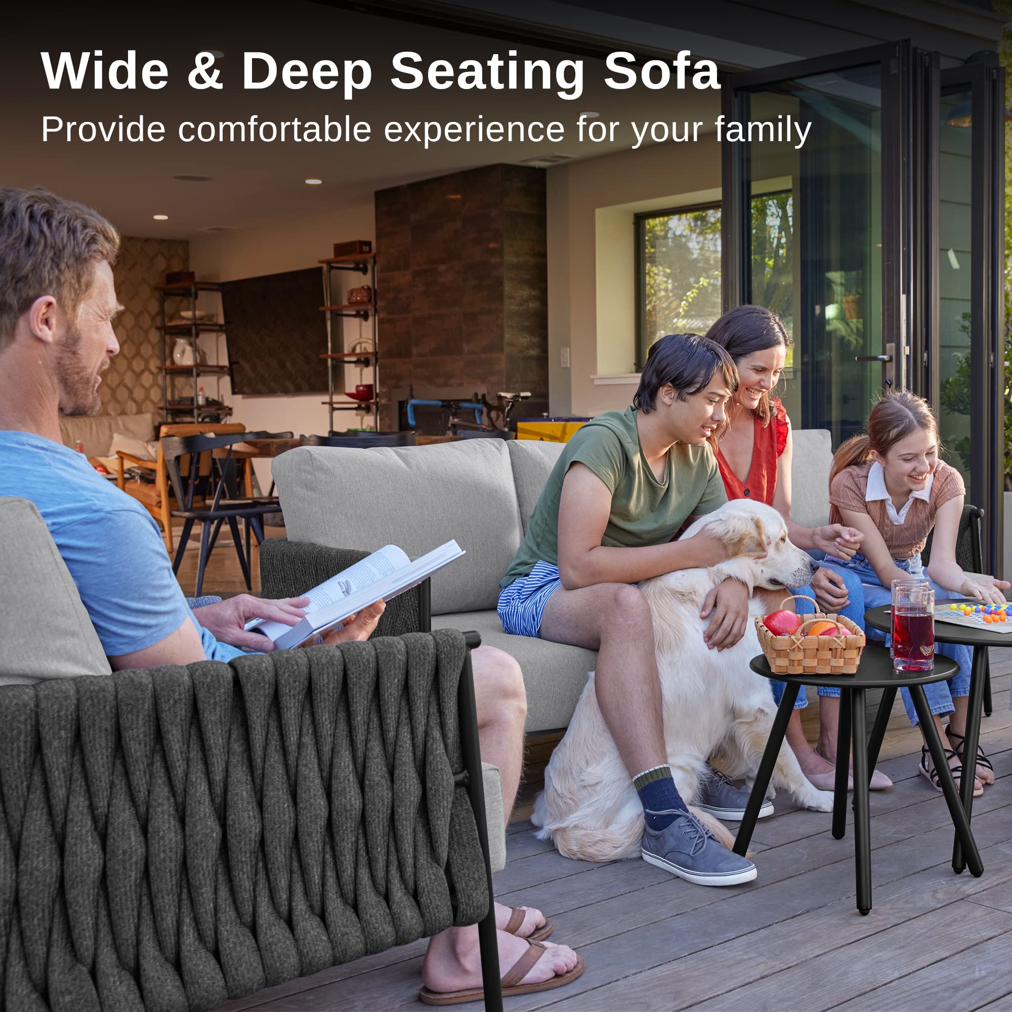 EAST OAK Life Chatter Patio Furniture Set 5 Pieces, Outdoor Furniture 5-Seat Sofa with Two Round Coffee Table, Waterproof Thick Cushion Deep Seating for Porch, Balcony, Earth Black & Misty Grey